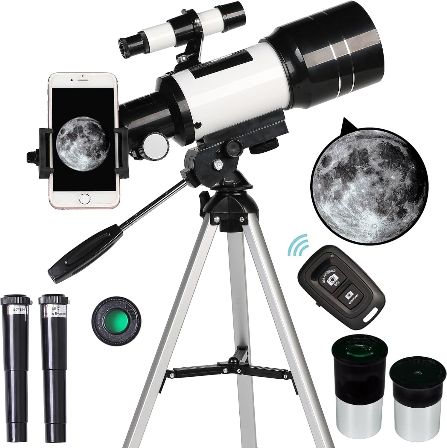 Telescope for Adults  Kids, 70mm Aperture Refractor (15X-150X) Portable Travel Telescope with Phone Adapter  Wireless Remote, Astronomy Beginners Gifts, Black