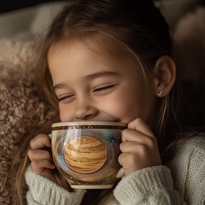 A young girl with closed eyes holds a mug decorated with a planet design, smiling contentedly.
