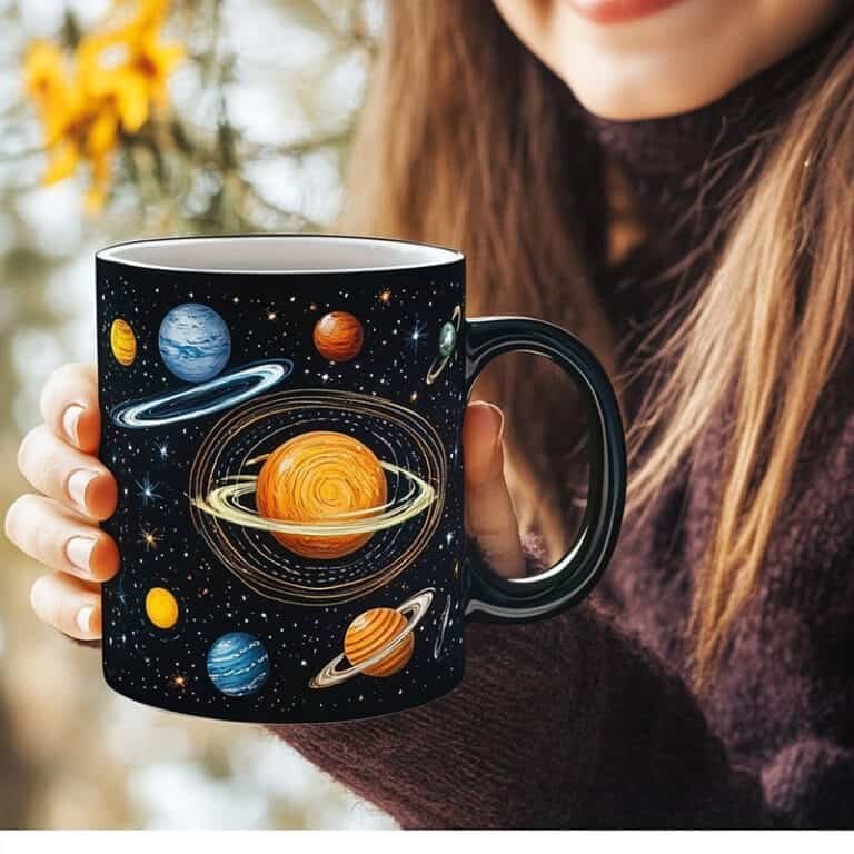 A person holding a black mug featuring colorful illustrations of planets and stars.