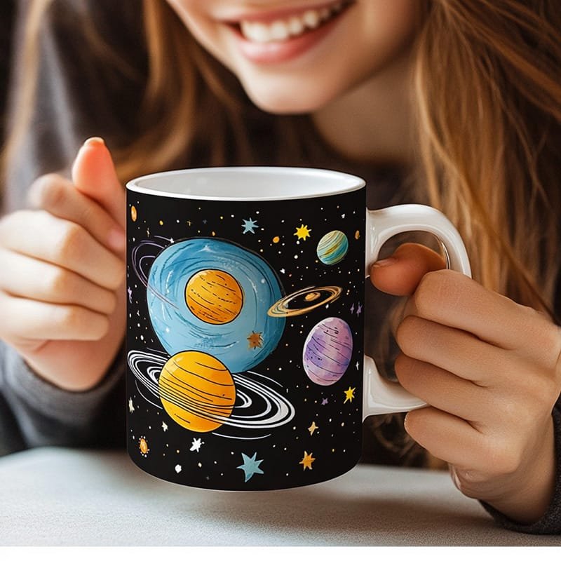 A person holds a mug with colorful illustrations of planets and stars.