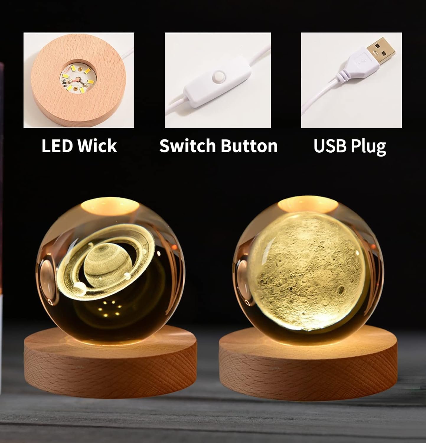 Two illuminated crystal spheres on wooden bases. Left sphere shows Saturn, right sphere shows the Moon. Includes LED wick, switch button, and USB plug details above.