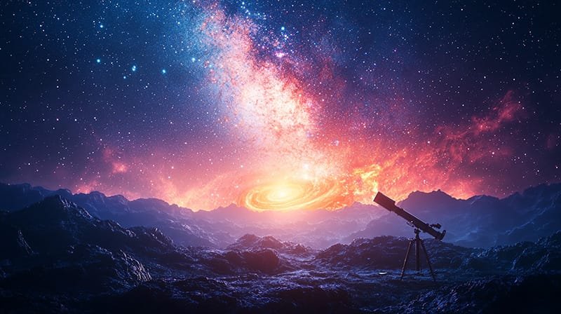 Telescope on a rocky landscape under a vibrant, swirling galaxy with stars in a night sky.