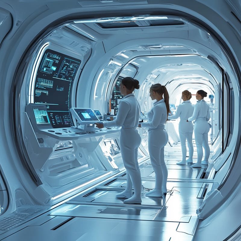 People in white uniforms work at high-tech consoles in a futuristic hallway with digital screens and illuminated panels.