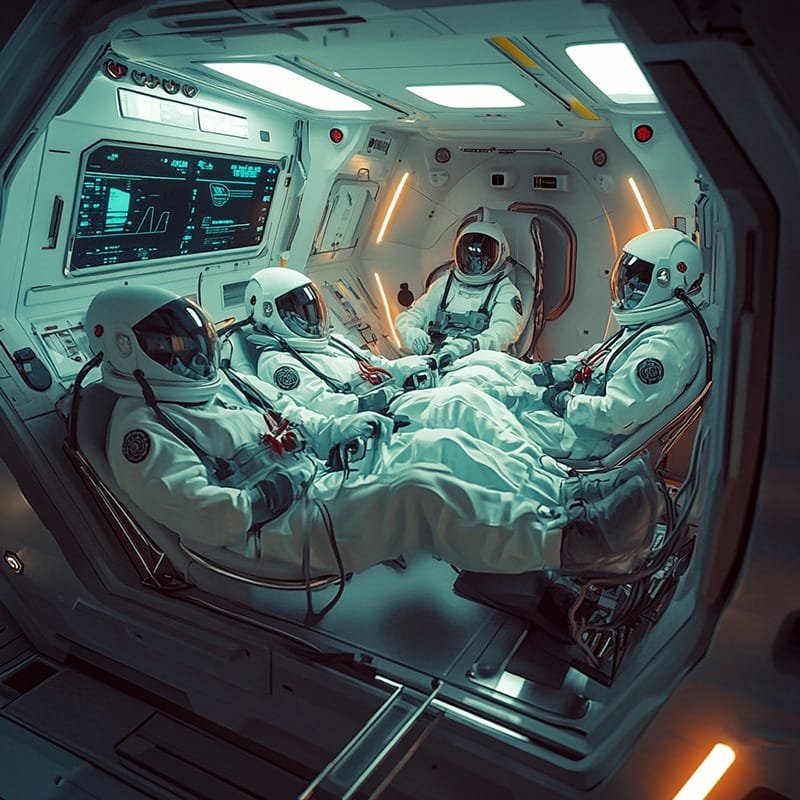 Astronauts sit inside a futuristic spacecraft, wearing spacesuits. The cabin has digital displays and ambient lighting.
