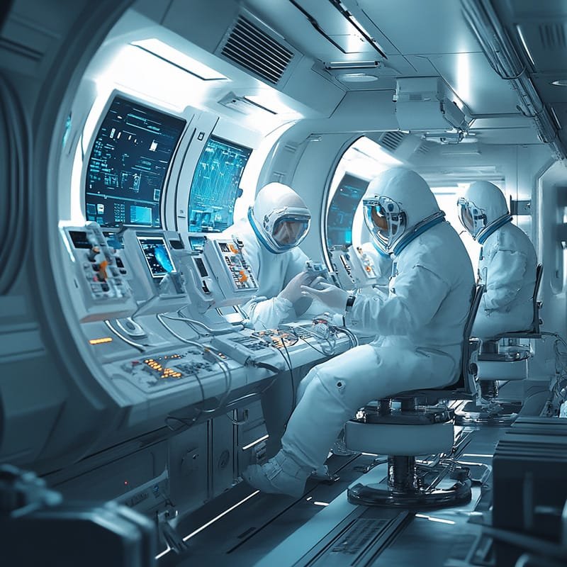 Three astronauts in white suits operate controls inside a high-tech spacecraft with screens and equipment.