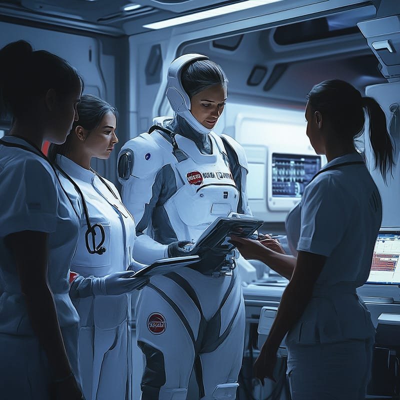 A person in a futuristic suit discusses with medical staff in a high-tech laboratory environment.