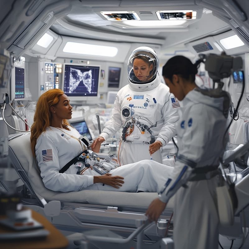 Three astronauts in a spacecraft, one sitting on a medical bed, while two stand nearby. The setting is filled with scientific equipment and monitors.