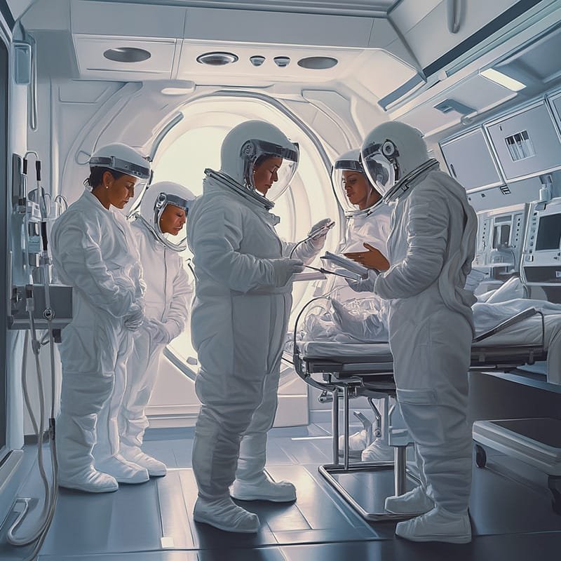 Astronauts in full gear discuss while one lies on a medical bed inside a space station module.
