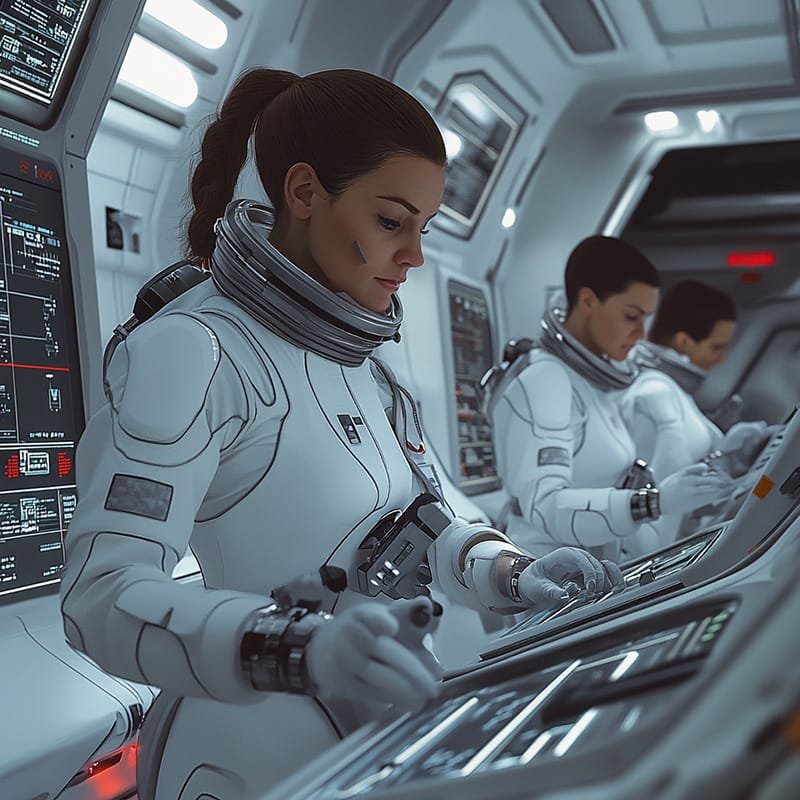 Three astronauts in white suits work at control panels inside a futuristic spacecraft.