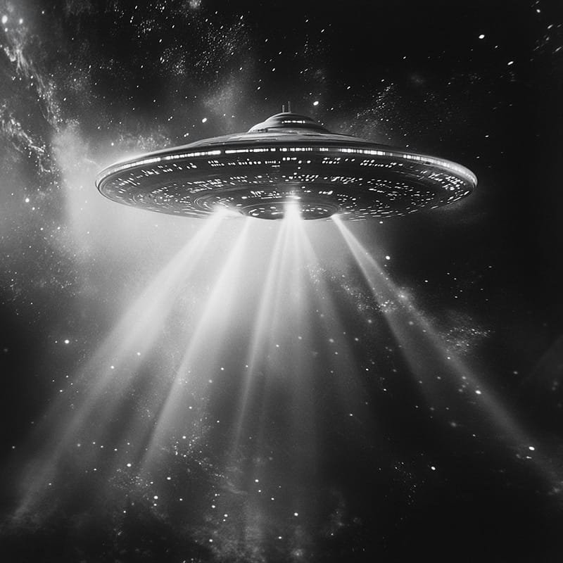 A flying saucer, one of the enigmatic alien ships, emits beams of light in a star-filled space scene.