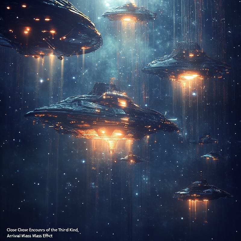 A fleet of glowing, alien ships hovers in a starry space environment, emitting light from beneath, their futuristic design creating an otherworldly spectacle.
