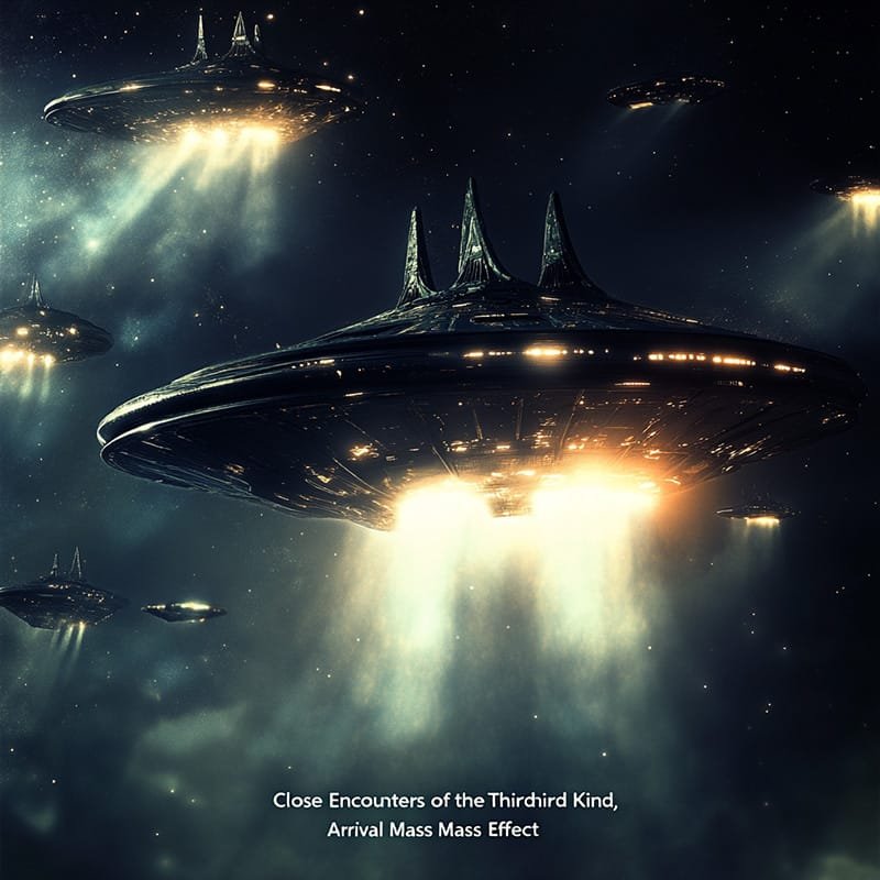 Spaceships with bright lights hover in a starry sky, accompanied by alien ships. At the bottom, the text reads: "Close Encounters of the Third Kind, Arrival Mass Effect.