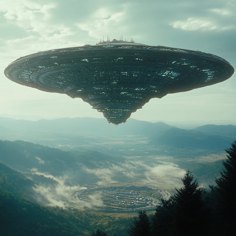A large, disc-shaped alien ship hovers above a misty forest landscape with mountains in the background.