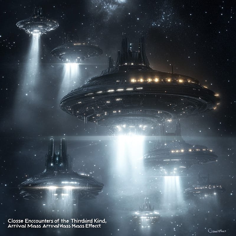 Large alien ships hover in a foggy night sky, emitting bright beams of light downwards.