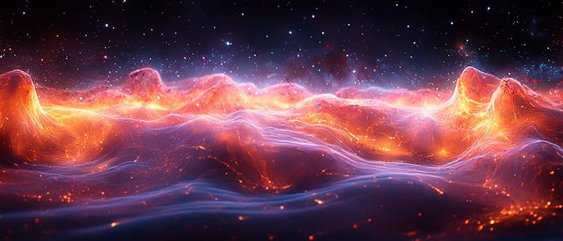 A cosmic landscape with vibrant, glowing waves resembling liquid fire against a starry night sky.
