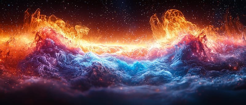A vivid cosmic scene with swirling clouds in orange, purple, and blue hues, resembling a nebula against a starry background.
