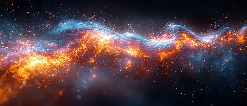 A vibrant cosmic nebula with bright orange and blue swirling gases against a dark space background, dotted with stars.