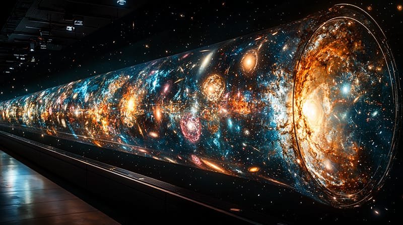A large, cylindrical digital display features a vibrant, colorful visualization of galaxies and stars in a dark room.