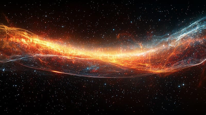 A vibrant celestial scene with bright orange and blue wisps amidst a starry night sky, resembling a nebula or galaxy.