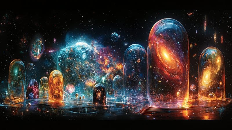 A colorful cosmic scene with galaxies and nebulae inside translucent bubbles, set against a star-filled black background.