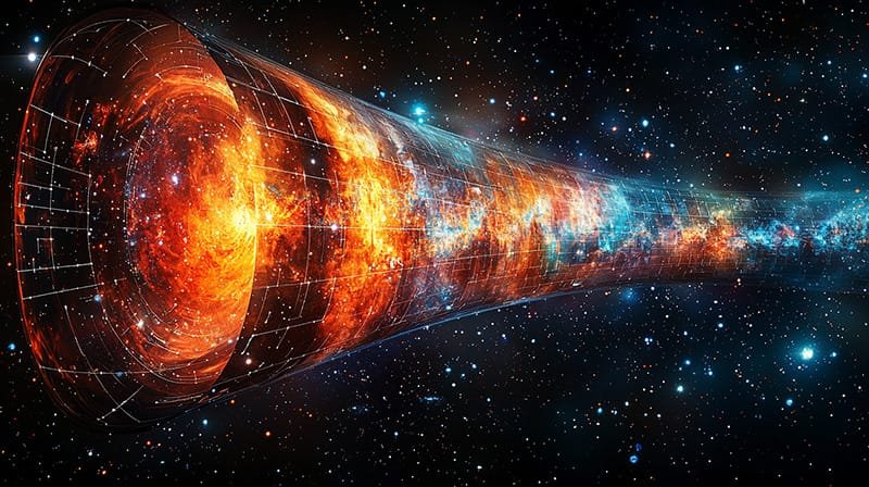 A digitally rendered wormhole with fiery textures against a starry space backdrop, depicting a tunnel-like cosmic phenomenon.