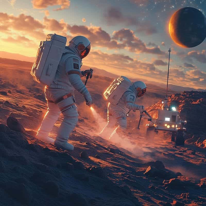 Two astronauts in spacesuits explore a rocky terrain with a rover under a sunset sky with a planet visible in the background.