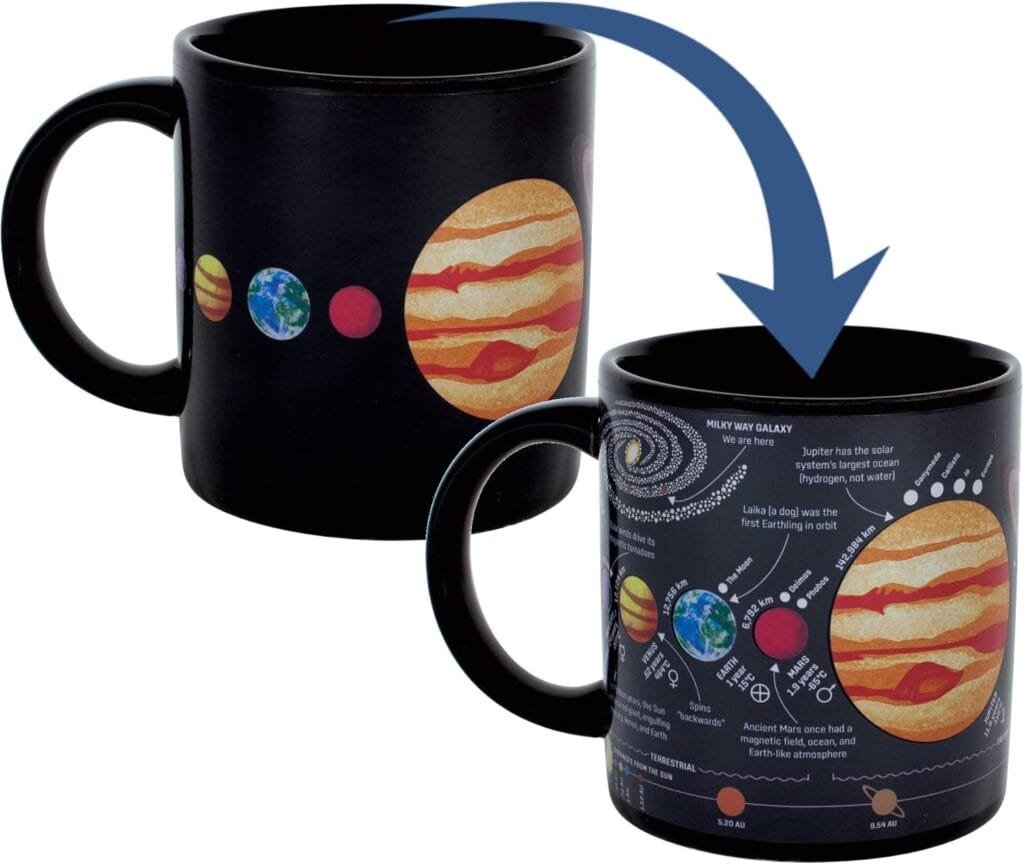 Black mug with solar system illustration. Heat reveals hidden details about planets and astronomical facts.