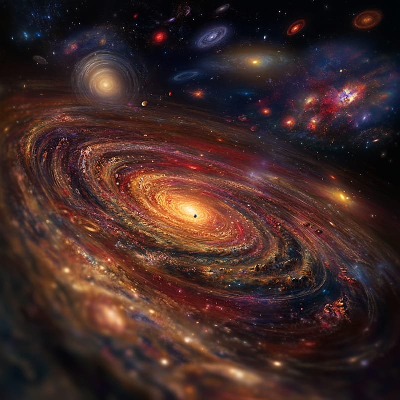 Artistic depiction of a swirling galaxy, with bright stars, cosmic clouds, and concentric rings spiraling toward a glowing central point.