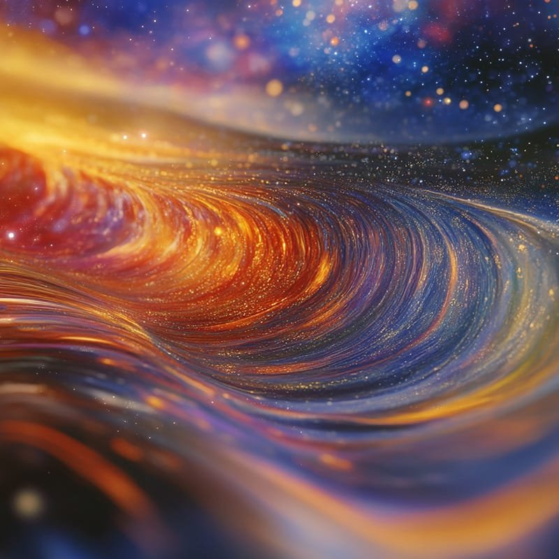 A vibrant, swirling abstract image with bright orange and blue hues resembling a cosmic or galactic scene with flowing energy.
