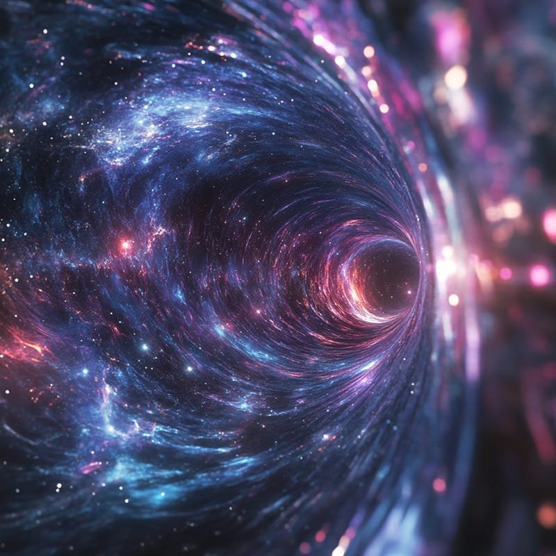 Image of a colorful, swirling galaxy or wormhole with glowing stars and cosmic dust in vibrant blue, purple, and pink hues.