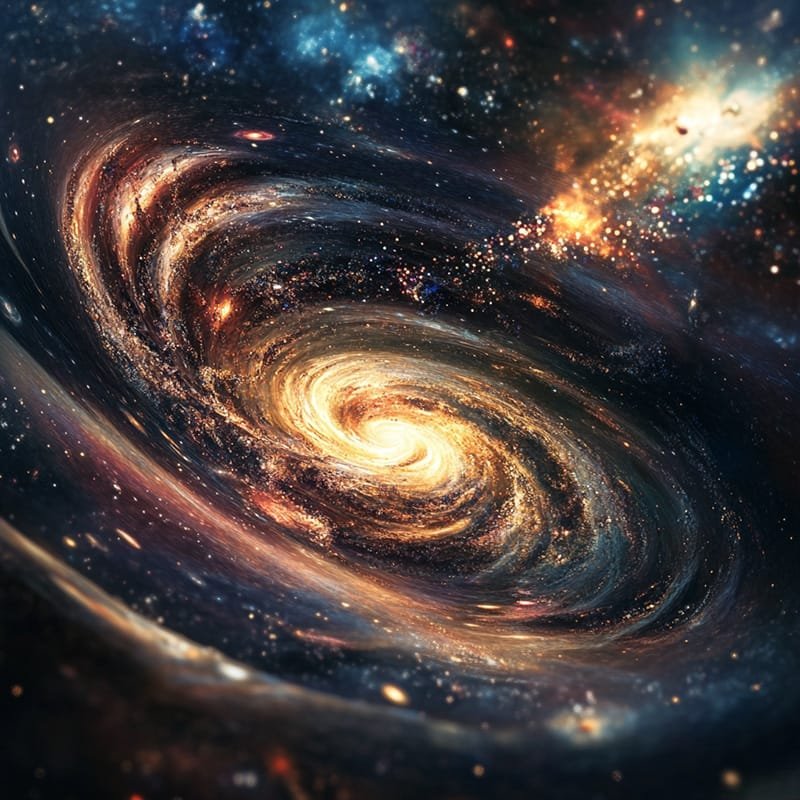 A vivid spiral galaxy with bright stars and colorful cosmic dust in space.