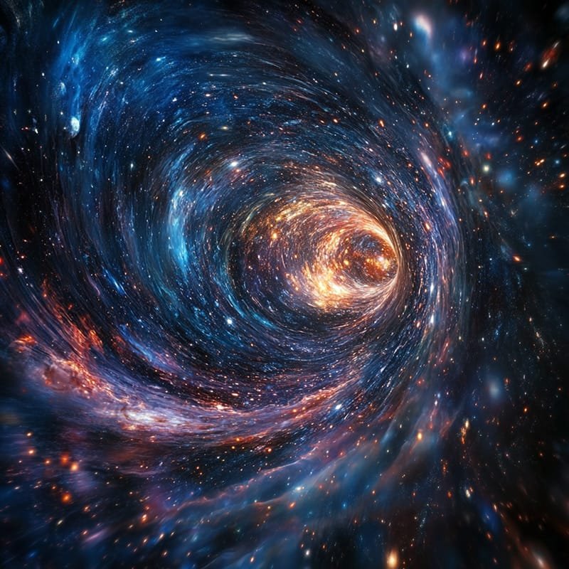 A swirling cosmic vortex with bright stars and colorful nebulae creating a tunnel-like effect in the depths of space.