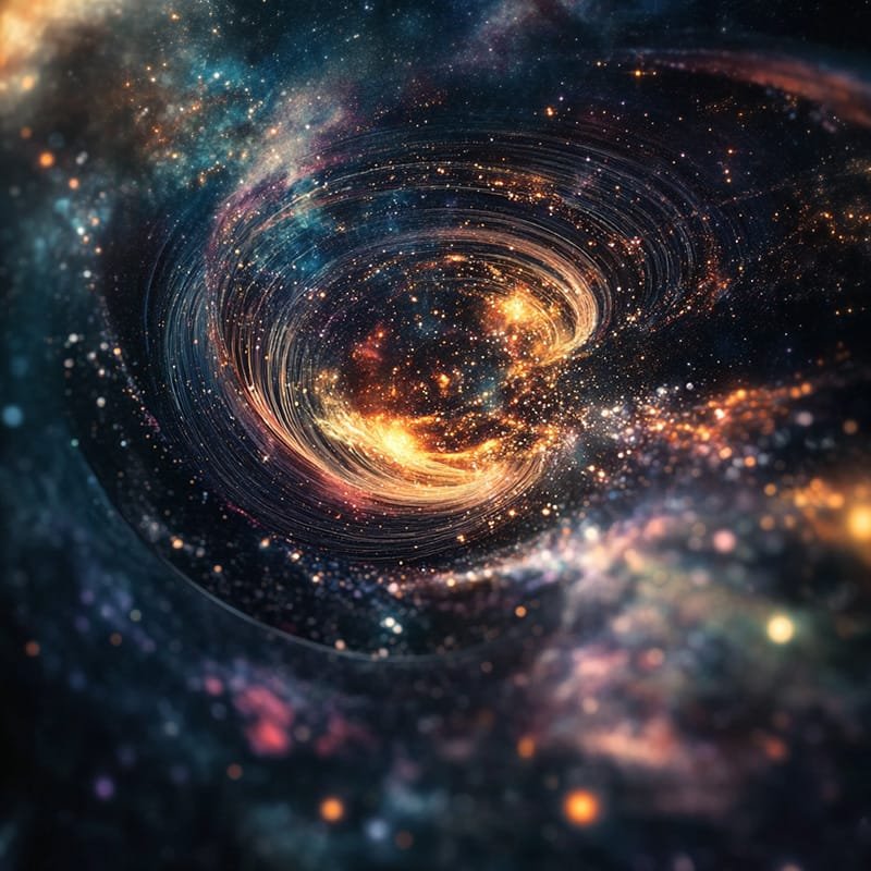 A swirling galaxy with vibrant colors of blue, orange, and pink, featuring stars and cosmic dust against a dark space background.
