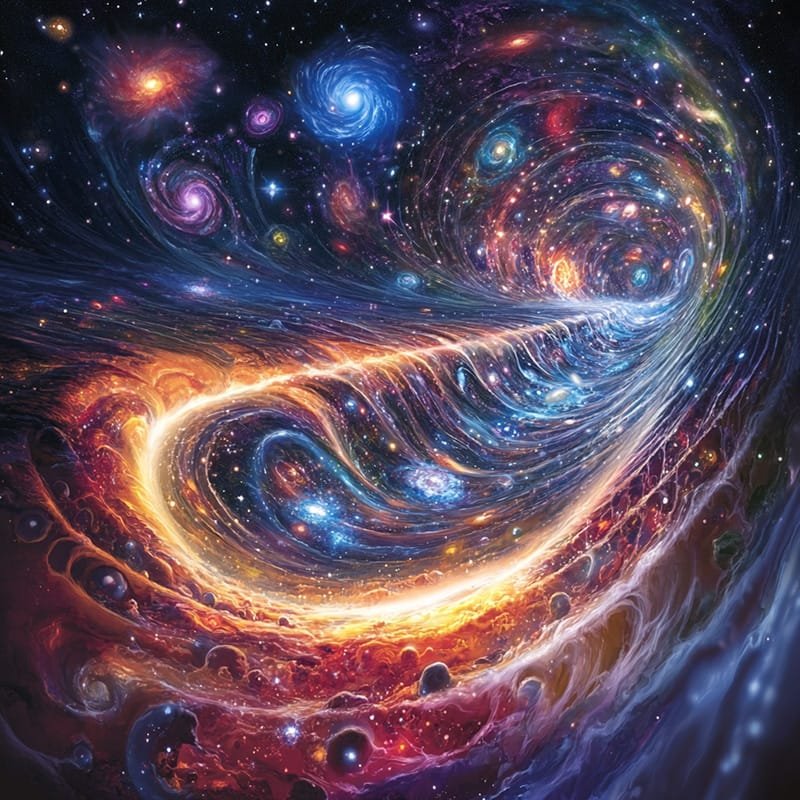 A vibrant cosmic scene depicting swirling galaxies, colorful nebulae, and bright stars creating a spiral vortex of light in space.