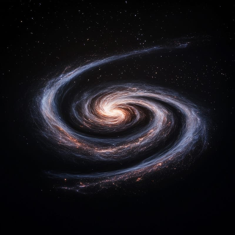 What is dark matter and dark energy? 13 A spiral galaxy with swirling arms of stars, dust, and gas set against a dark space background filled with scattered stars.