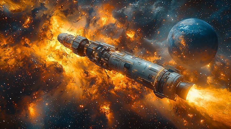 A futuristic spacecraft embarks on a space exploration journey, navigating through fiery cosmic clouds with a distant planet silhouetted in the background.