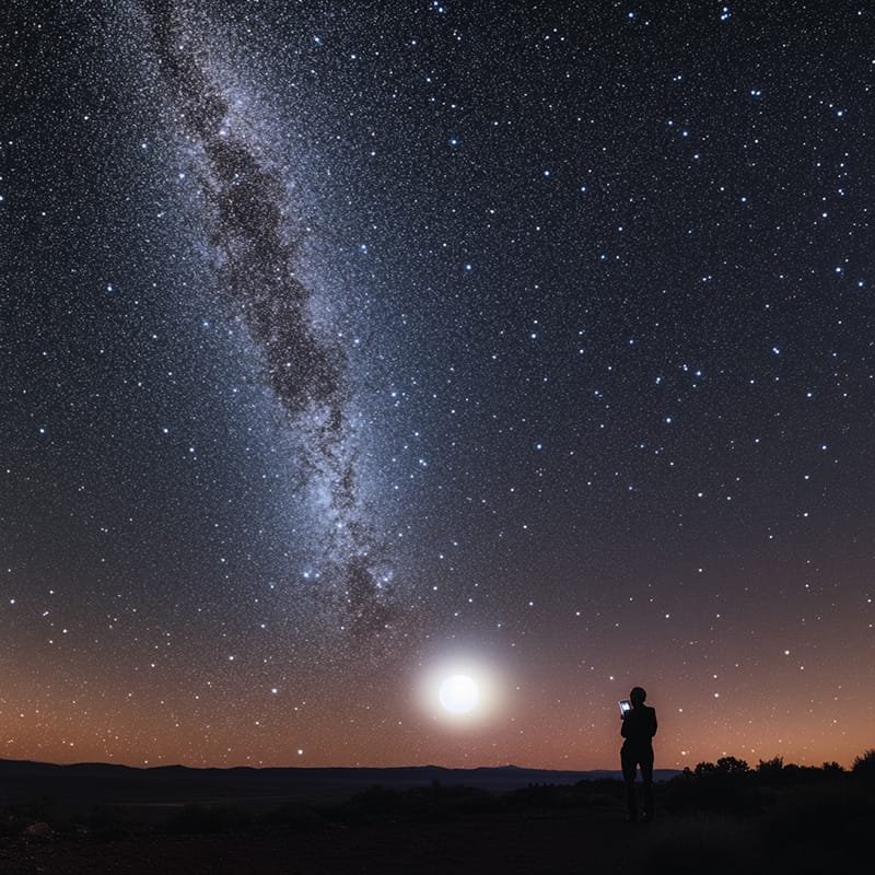Silhouette of a person standing under a starry night sky, with the Milky Way and a bright moon casting their glow. A lone white star twinkles above the horizon, adding to the celestial wonder.