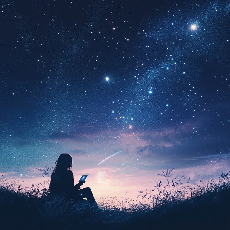 Silhouette of a person sitting on a hill, gazing at a smartphone under a starry sky sprinkled with white stars and bathed in the glow of a full moon.