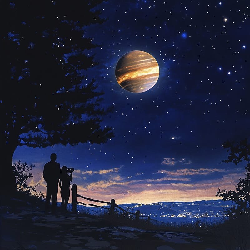 A couple stands on a hill under a white star-studded sky, with a large planet shimmering above the horizon.