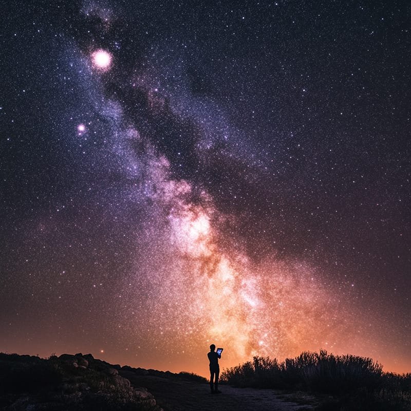 A person stands on a path under a clear night sky filled with white stars and the visible Milky Way galaxy. Silhouettes of bushes and distant hills create a serene foreground.