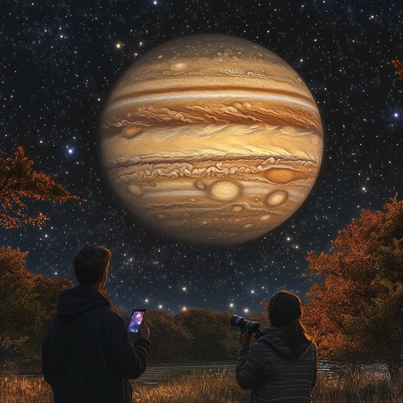 Under the starry night sky, two people are captivated by a massive, detailed Jupiter. One holds a smartphone while the other peers through a telescope. Nearby, a brilliant white star adds to the celestial spectacle.