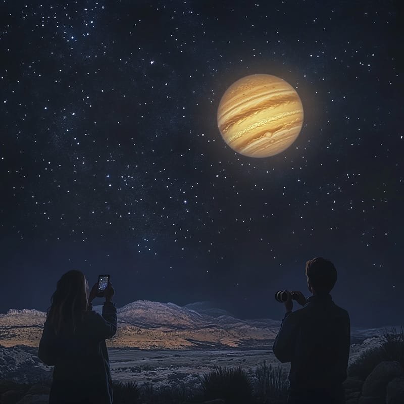 Two people admire and photograph a large, bright planet glowing beside a brilliant white star in the starry night sky above a mountainous landscape.