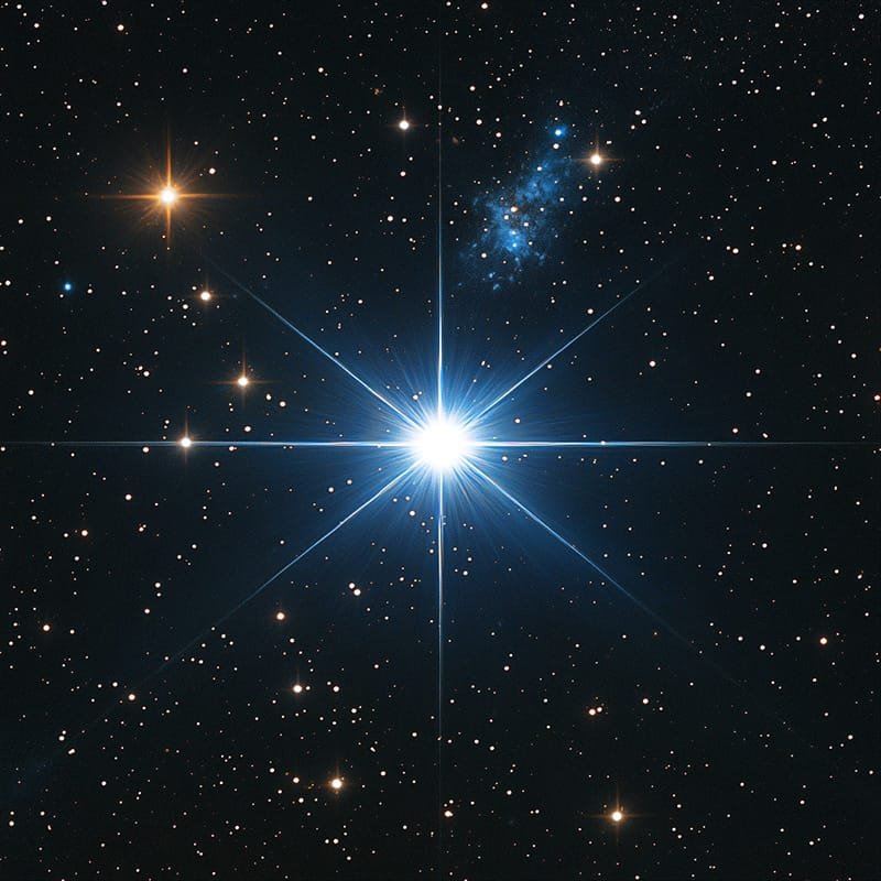 What is the brightest star in the Universe? 6 Bright star with diffraction spikes centered in a star-filled sky. Various smaller stars and a nebula are visible in the background.