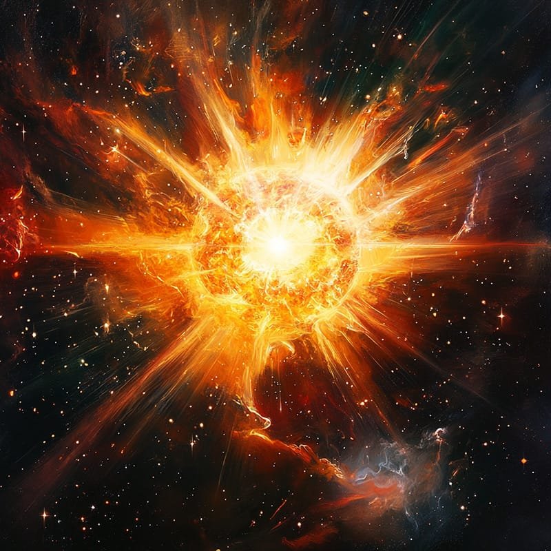 What is the brightest star in the Universe? 1 Fiery explosion of bright orange and yellow hues in outer space, surrounded by stars and cosmic dust.