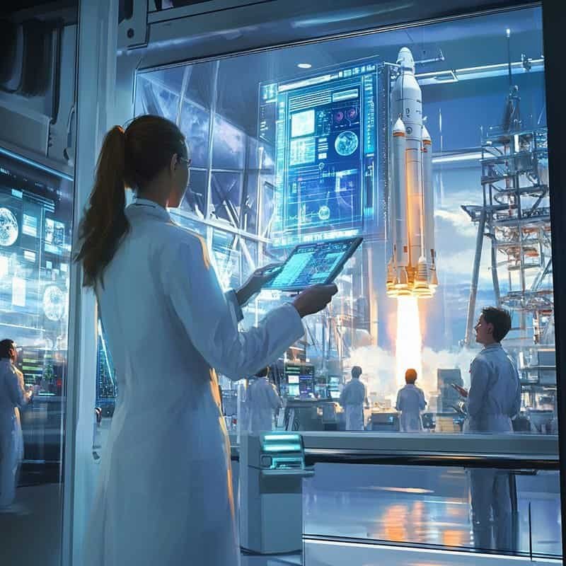 Uno scienziato in camice tiene in mano un tablet e osserva il lancio di un razzo attraverso un'ampia finestra. Diversi schermi mostrano i dati e anche altri scienziati stanno osservando il lancio.