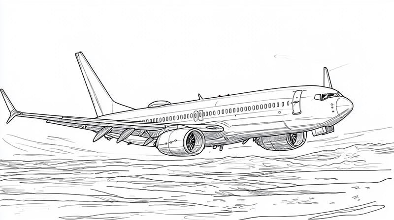 Free Airplane Coloring Page Download 5 बादलों के ऊपर से उड़ने वाले एक वाणिज्यिक हवाई जहाज की रेखा खींचना, नीचे और किनारे से देखा जाता है।