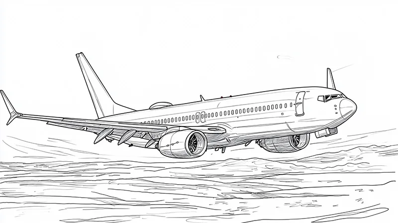 Line drawing of a commercial airplane flying over clouds, viewed from below and to the side.