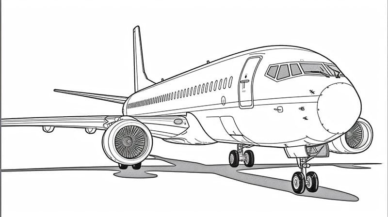 Free Airplane Coloring Page Download 6 Drawing of a commercial airplane on a runway, viewed from the front-right angle. The aircraft features detailed engines, wings, and landing gear.