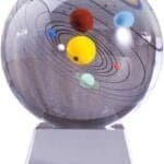 Glass sphere with a model of the solar system inside, displayed on a square base.