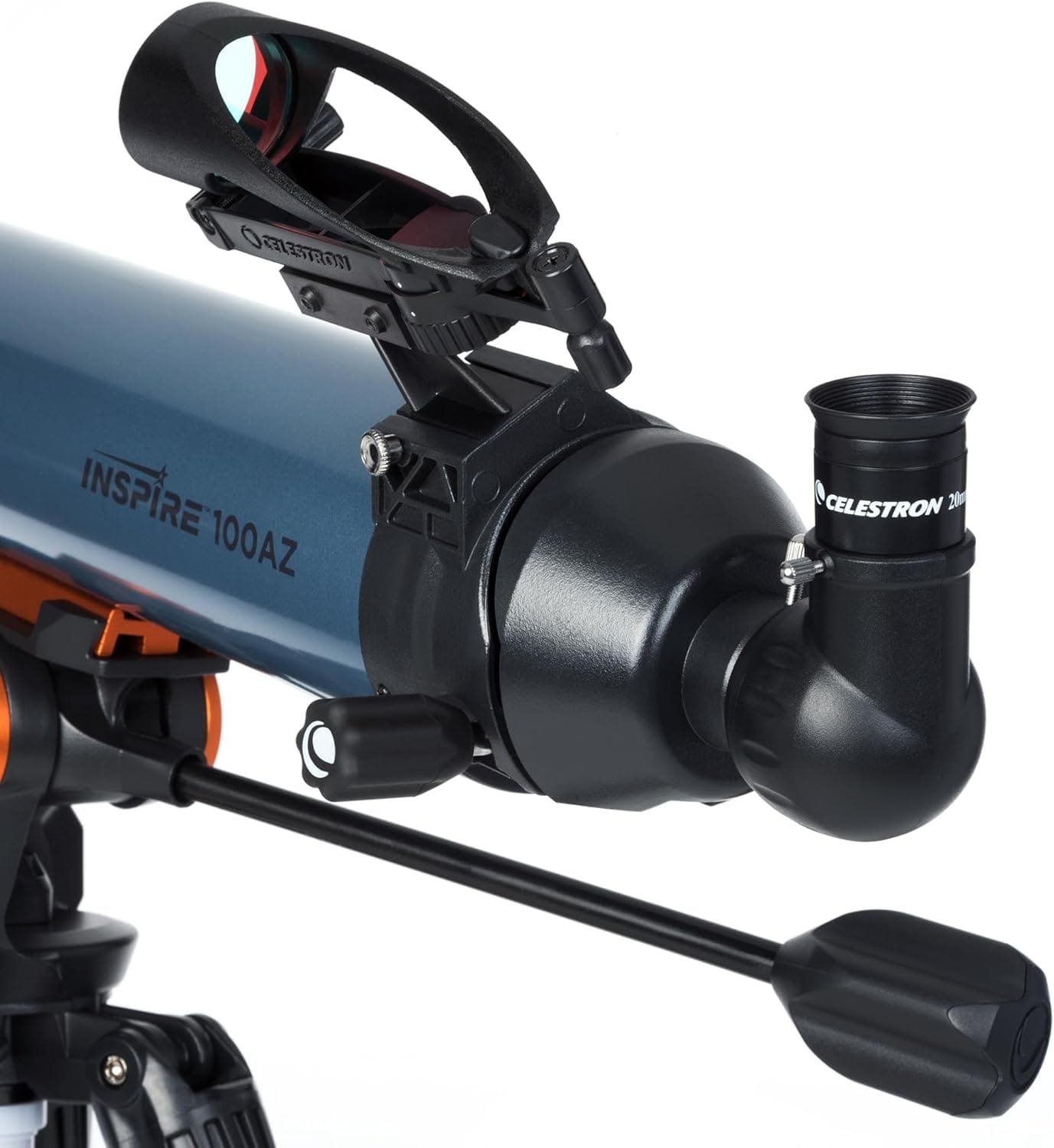 Celestron Inspire 100AZ telescope with eyepiece and finder scope attached, mounted on a tripod.